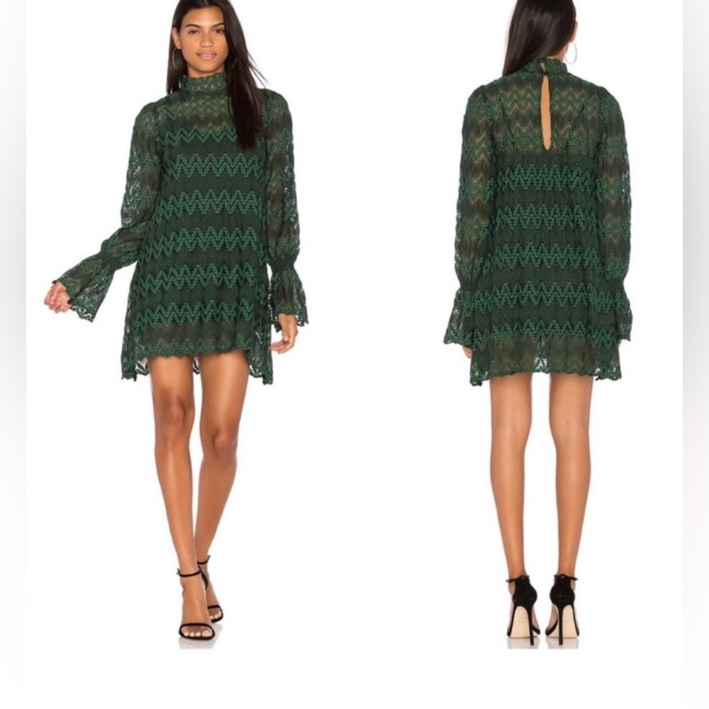 Free People Simone Mock Neck Lace Mini Dress Green XS